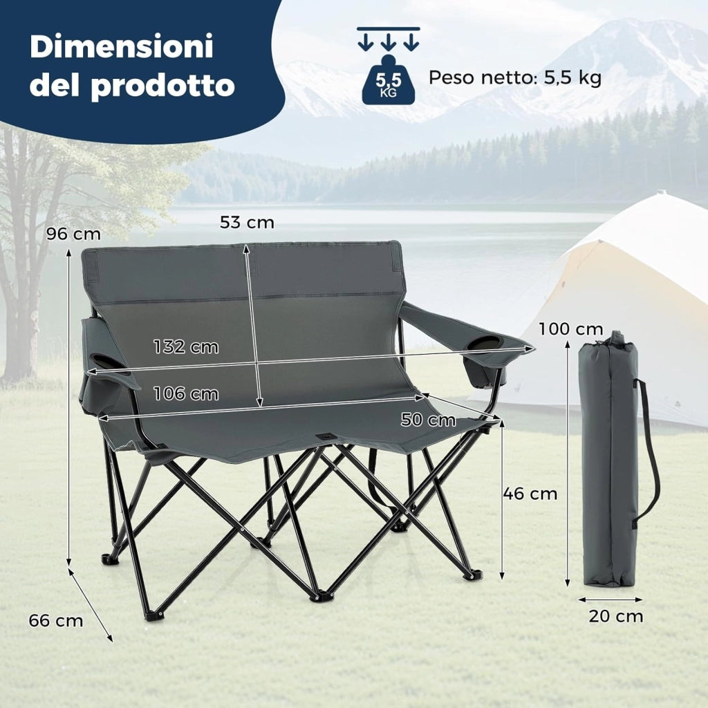 Sedia da Campeggio Doppia, Poltrona Pieghevole per 2 Persone con Portabicchieri, Borsa per il Trasporto, Sedia da Giardino Portatile per Spiaggia, Picnic, Pesca, Portata 300 kg (Grigio)