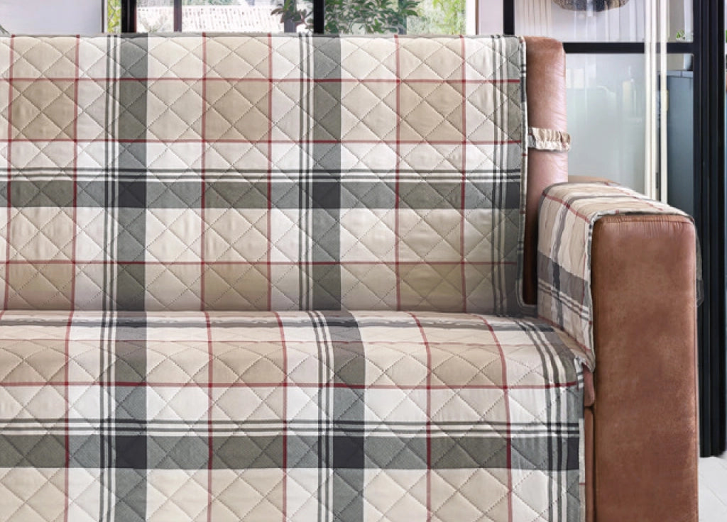 Copridivano Trapuntato Antimacchia Imbottito Quadri Beige Modello Galles - Poltrona - Galles