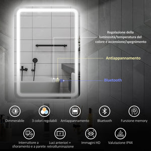Specchio Bagno 70x50x3,5 cm LED con Bluetooth Illuminazione Regolabile e Funzione Memory in Vetro Temperato