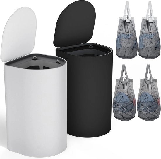 2-pack di contenitori per bucato con coperchio, 140L di capacità - contenitore per bucato con 2 compartimenti per la separazione della biancheria sporca, 4 tasche interne rimovibili, contenitori per bucato facili da installare, nero/grigio chiaro