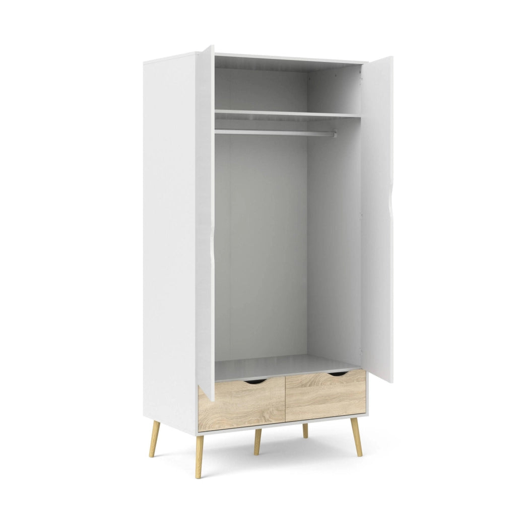 Guardaroba a due ante e due Archilllo, colore bianco e rovere, cm 98 x 200 x 58