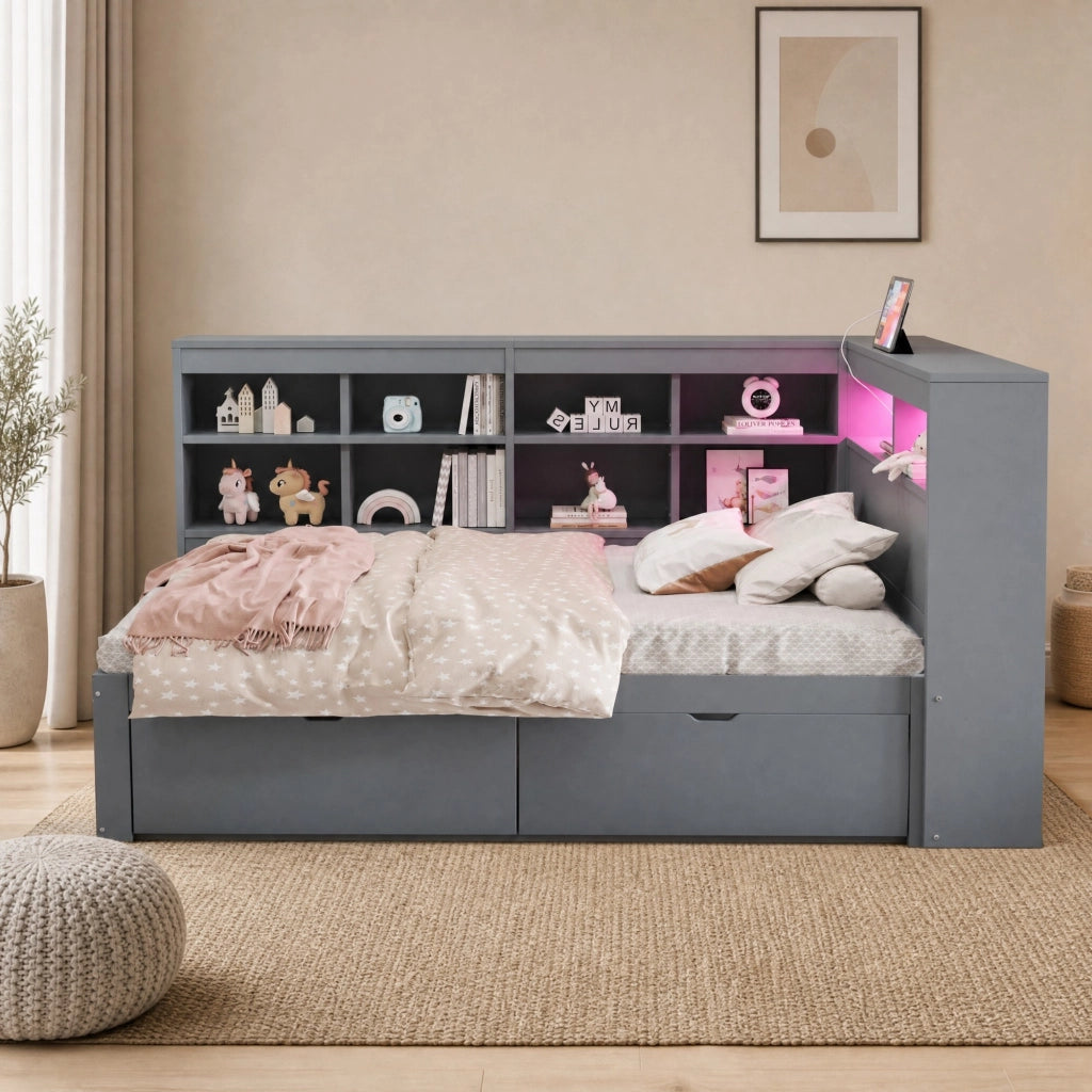 LETTO divano 90x200 cm con cassetti USB LED in legno grigio