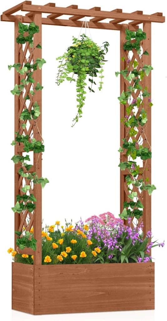 Letto da Giardino Rialzato con Traliccio, Fioriera Rialzata in Legno con Tetto Pendente, Fori di Drenaggio per Piante Rampicanti, Fiori e Verdure (Naturale)