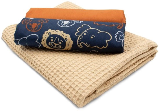 Set di stoffa wafel piqué + set di tessuti a quadri 100% cotone Tex Standard 100 (Safari Animali Blu Marina Set47)