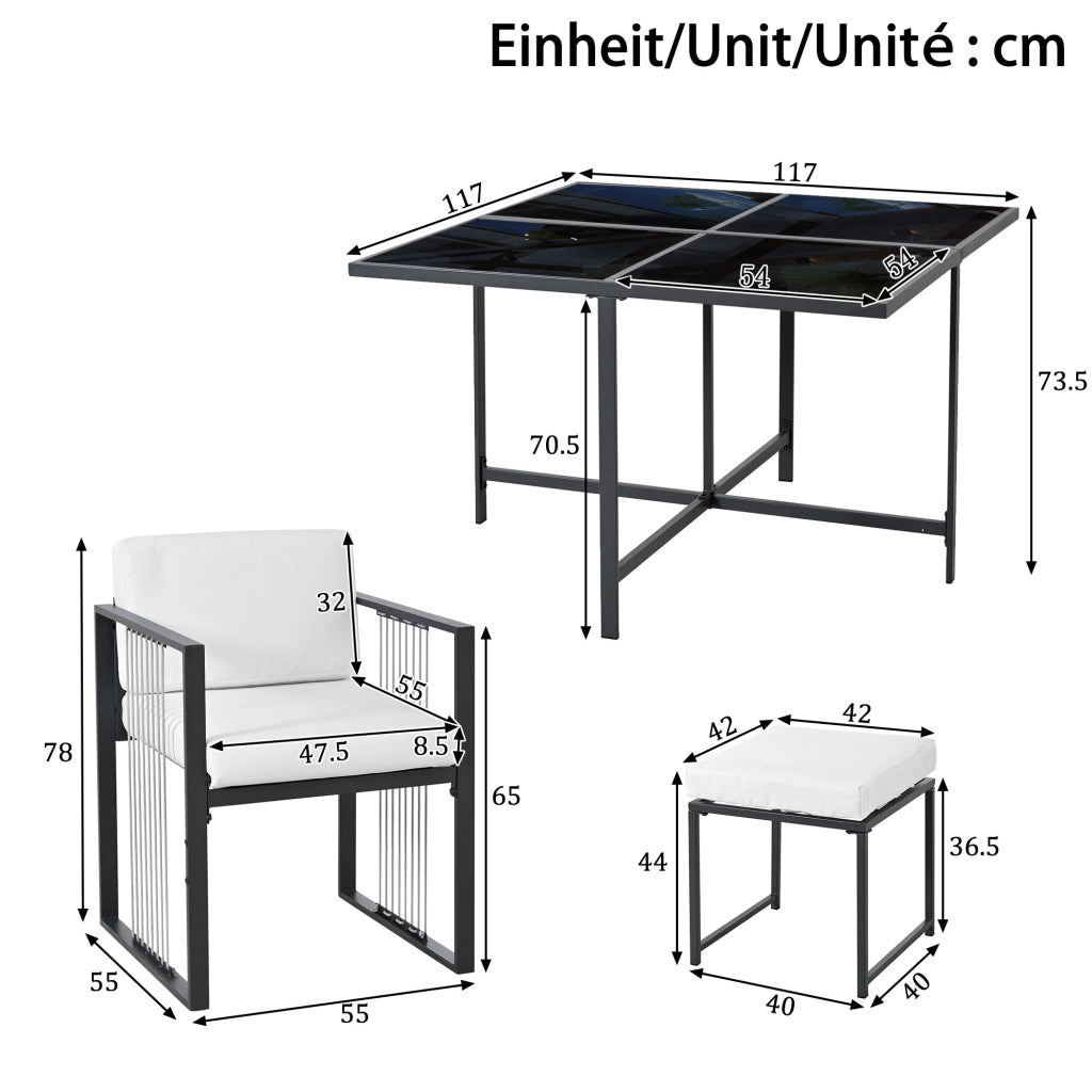Set da pranzo per esterni da 7 pezzi per 6 persone in metallo e vetro temperato nero e bianco per giardino