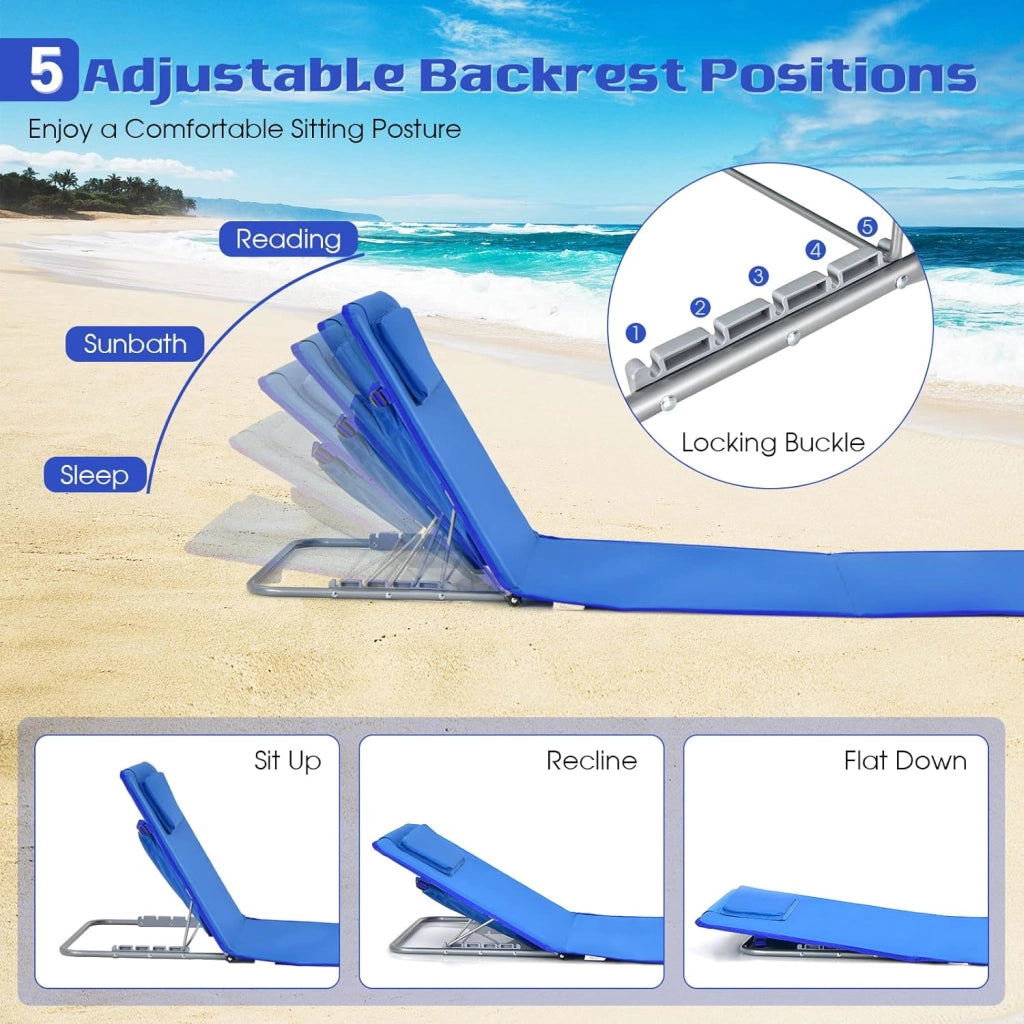Set di 2 Materassi da Spiaggia Pieghevoli e Tavolino, Sedie a Sdraio da Spiaggia Regolabili in 5 Posizioni con Poggiatesta Rimovibile, Tasca per Giardino, Campeggio (Blu)
