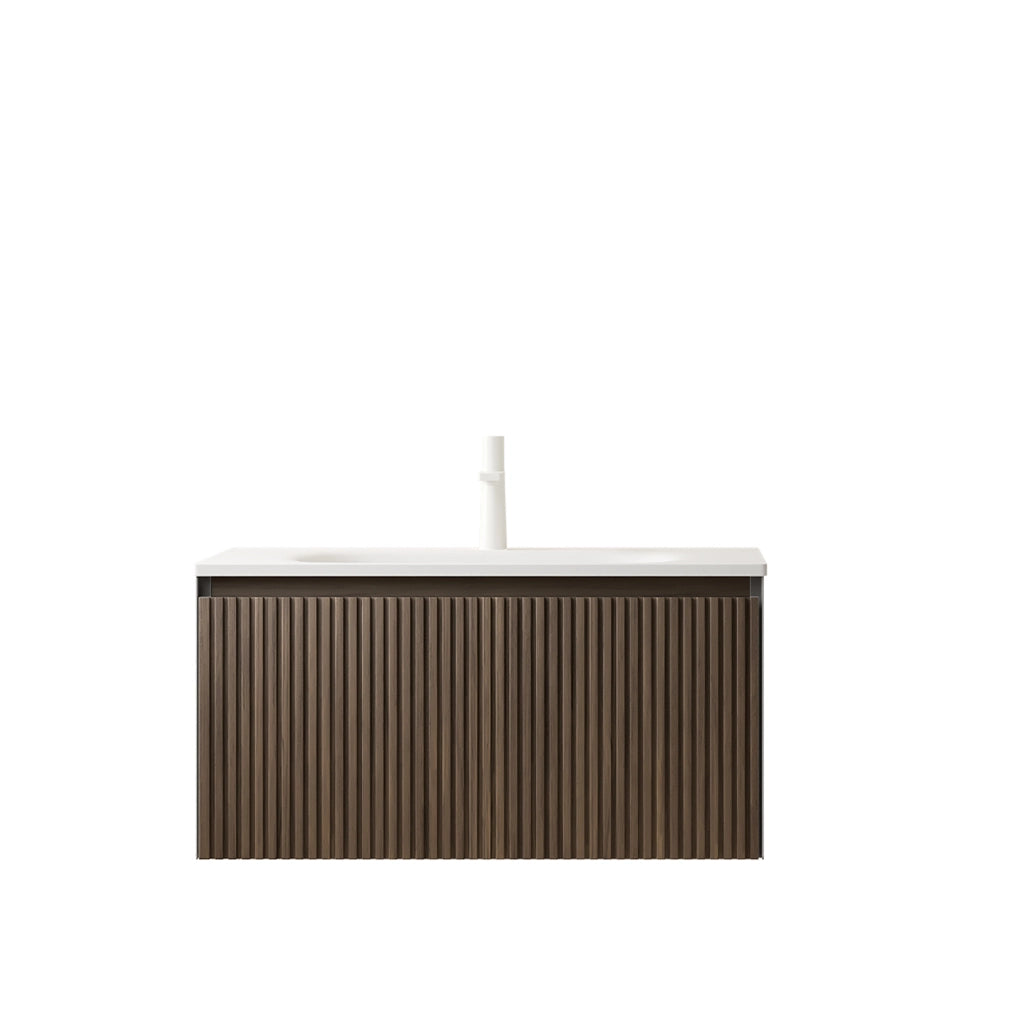 Mobile bagno sospeso con lavabo integrato e cassetto con chiusura ammortizzata; rovere marrone; 80×46×41.8 cm
