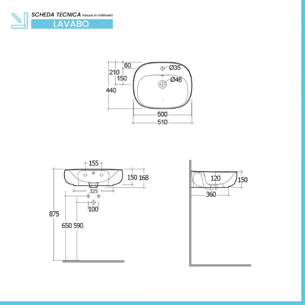Lavabo ovale 50 cm sospeso bianco in ceramica Rak Illusion