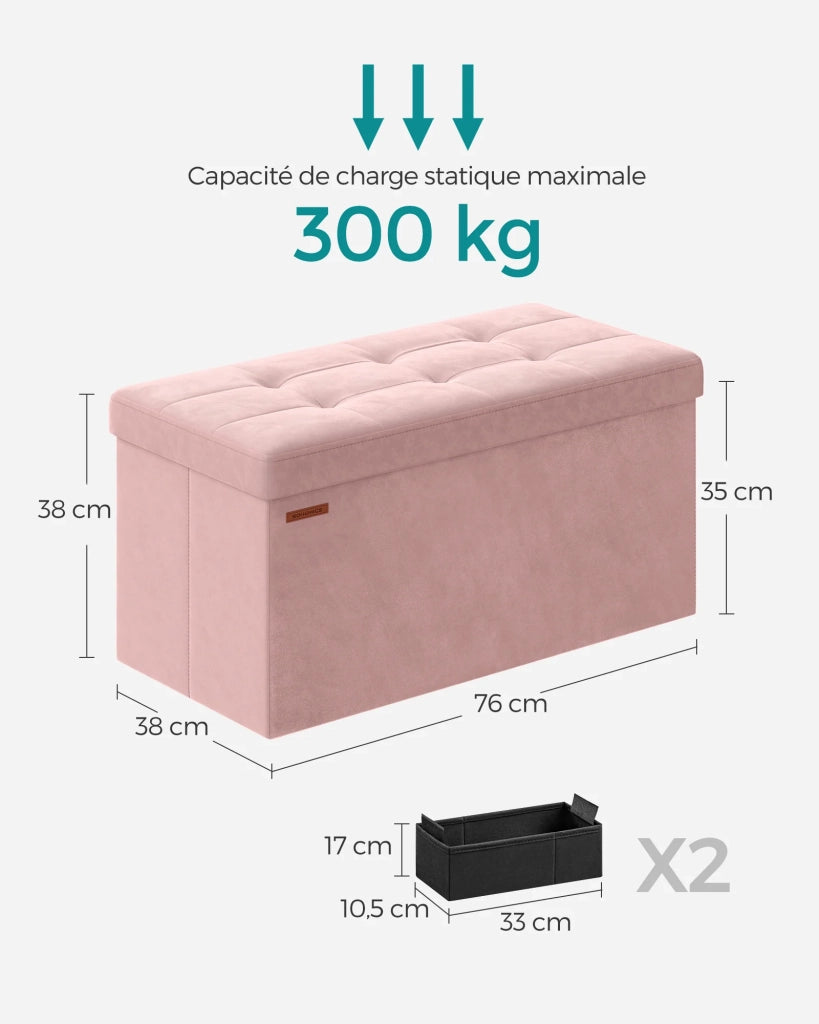 Pouf contenitore in velluto con coperchio con 2 divisori estraibili portata 300 kg per corridoio soggiorno camera da letto rosa 12_0004164