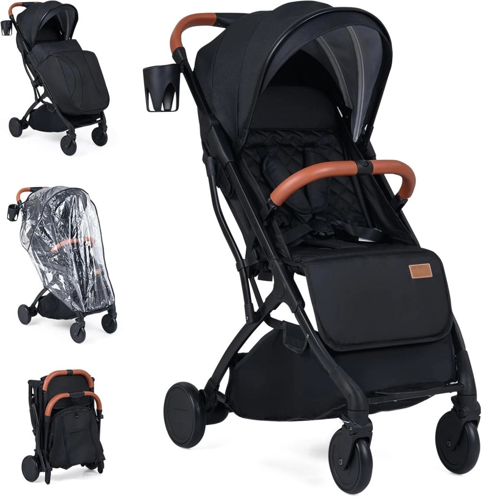 Passeggino Leggero per Bambini e Neonati, Passeggino Pieghevole e Portatile con Ruote, Schienale Regolabile, Tettuccio, Cintura di Sicurezza, Cesto e Copertura Antipioggia (Nero)