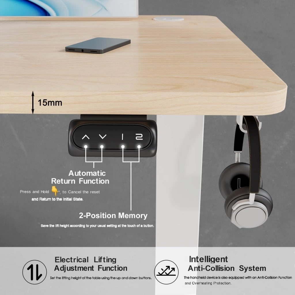 Scrivania regolabile in altezza, 140 x 60 cm, con vaschetta per cavi, altezza elettrica, stabile, scrivania per computer, memoria a 2 funzioni, seduta ergonomica in acero