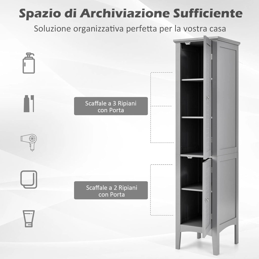 Mobile da Bagno Alto con 2 Ante, Armadio da Terra con 5 Vani, Mobile Colonna per Bagno Cucina Soggiorno, 37 x 37 x 160 cm (Grigio)