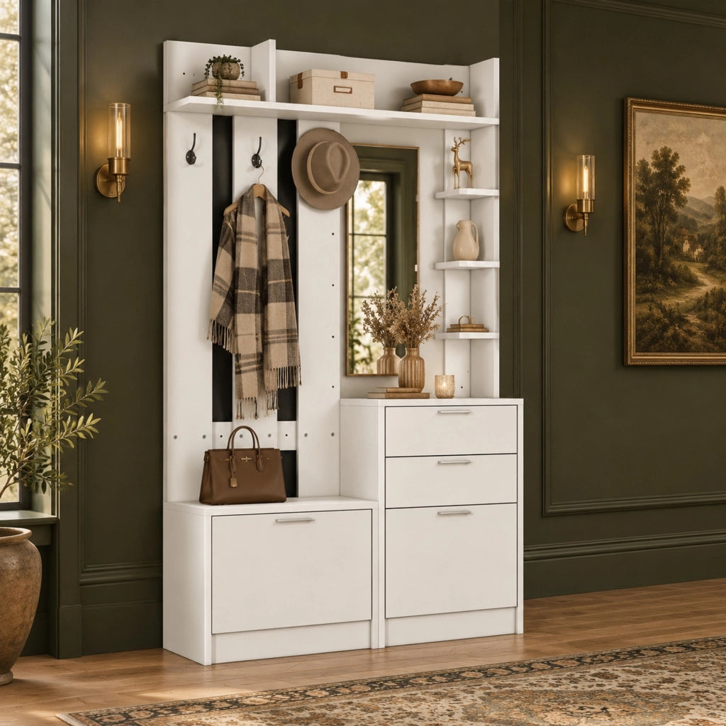 Mobile ingresso con specchio 110x34x185 cm; 2 scarpiere e 2 cassetti bianco HOMVRA