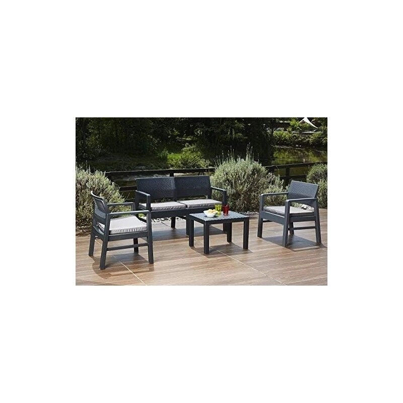 SET MOREEA DA GIARDINO EFFETTO RATTAN IN COLORE ANTRACITE CON CUSCINI