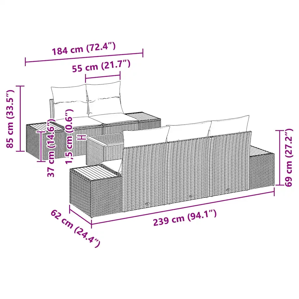 Set Divano da Giardino con cuscino 6 pcs Grigio Poly Rattan 3348025
