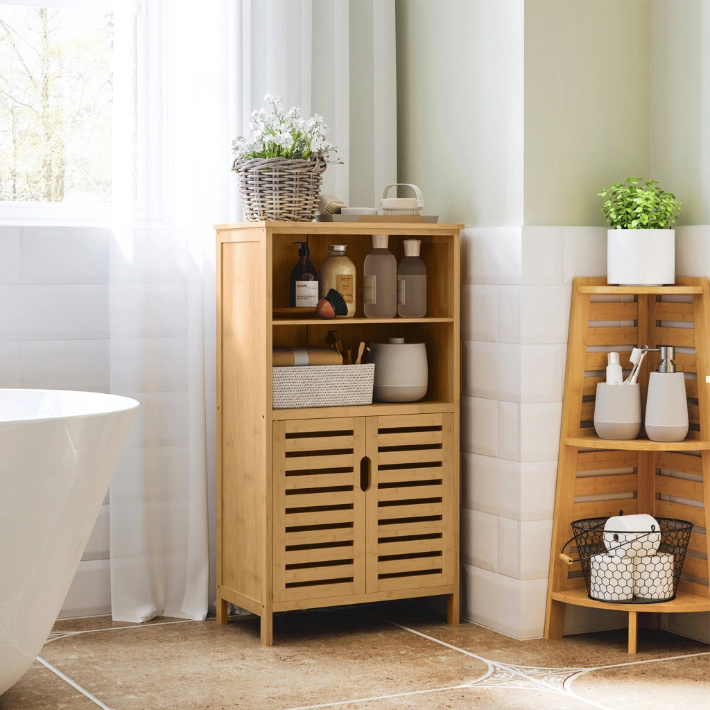 Mobiletto Bagno Salvaspazio in Legno con Armadietto e Ripiani Aperti ¨C Zephmum ¨C 50x29x92 cm