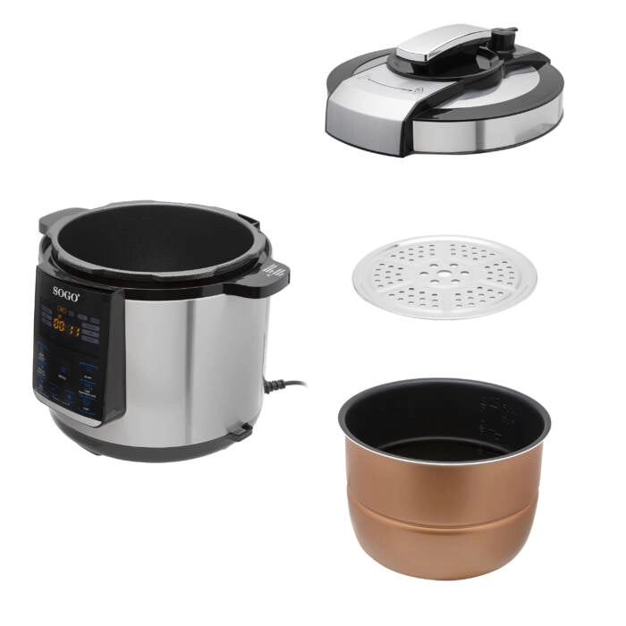 Multicooker a pressione elettrico 6L 1000W con 15 programmi e timer 24h, pentola antiaderente e cottura automatica - Sogo