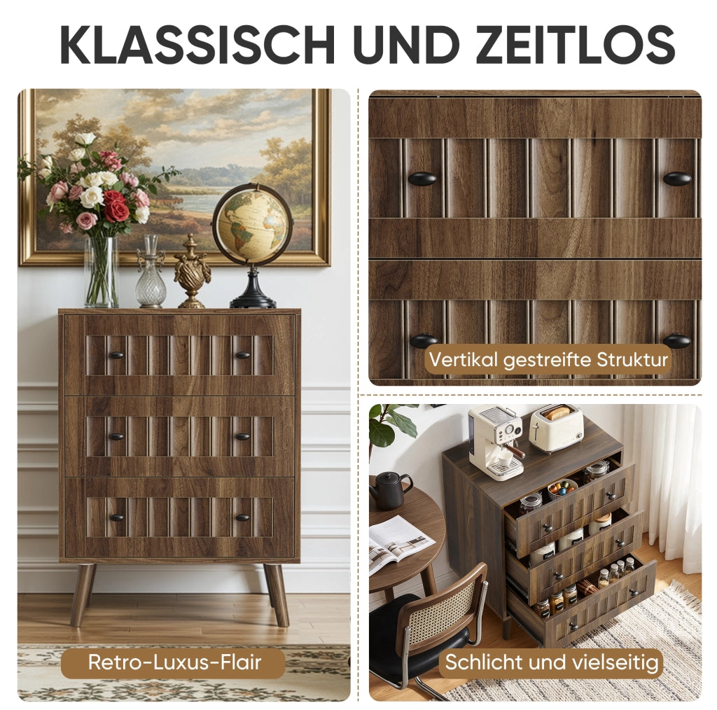 Cassettiera a 3 cassetti in MDF; 60 x 40 x 79 cm; colore noce; maniglie nere