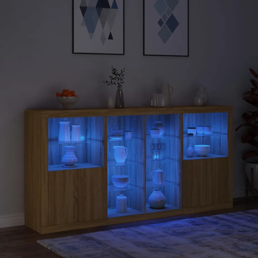Credenza con Luci LED-Buffet-Armadio da cucina Rovere Sonoma 202x37x100 cm