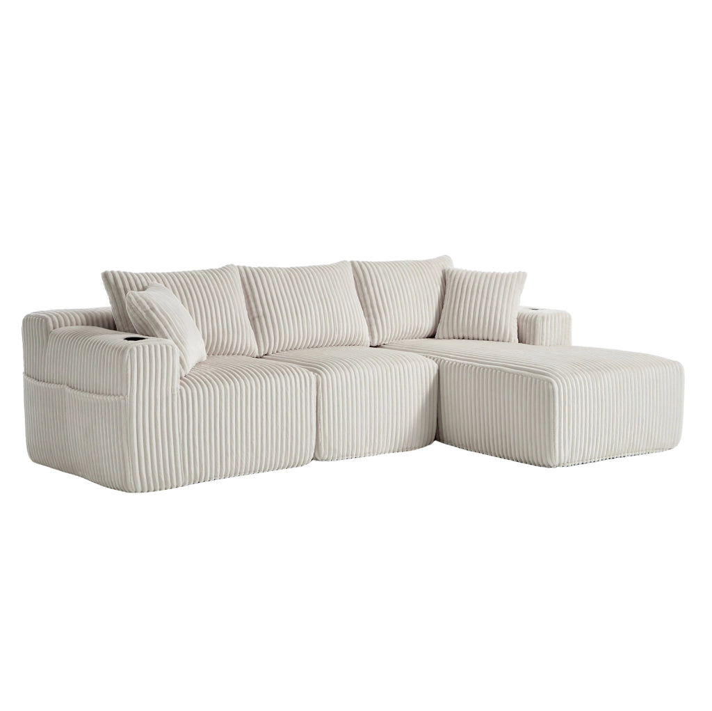 Divano modulare 257x160x62 cm con 5 cuscini; tasche laterali e portabicchieri in corduroy beige