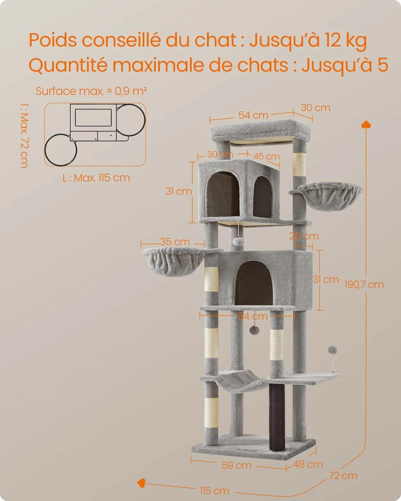 Tiragraffi a torre per gatti alto 175 cm rifugio per gatti a più livelli con 2 nicchie 2 cestini 5 tiragraffi trespolo autopulente amaca grigio tortora 12_0003886