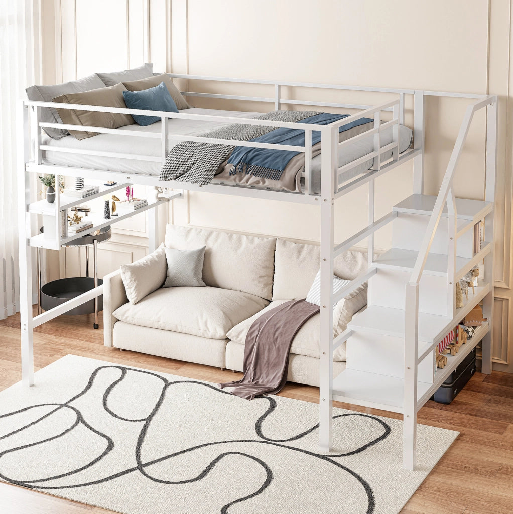 Letto a soppalco per bambini 140x200 cm bianco con scaffali e scala contenitore