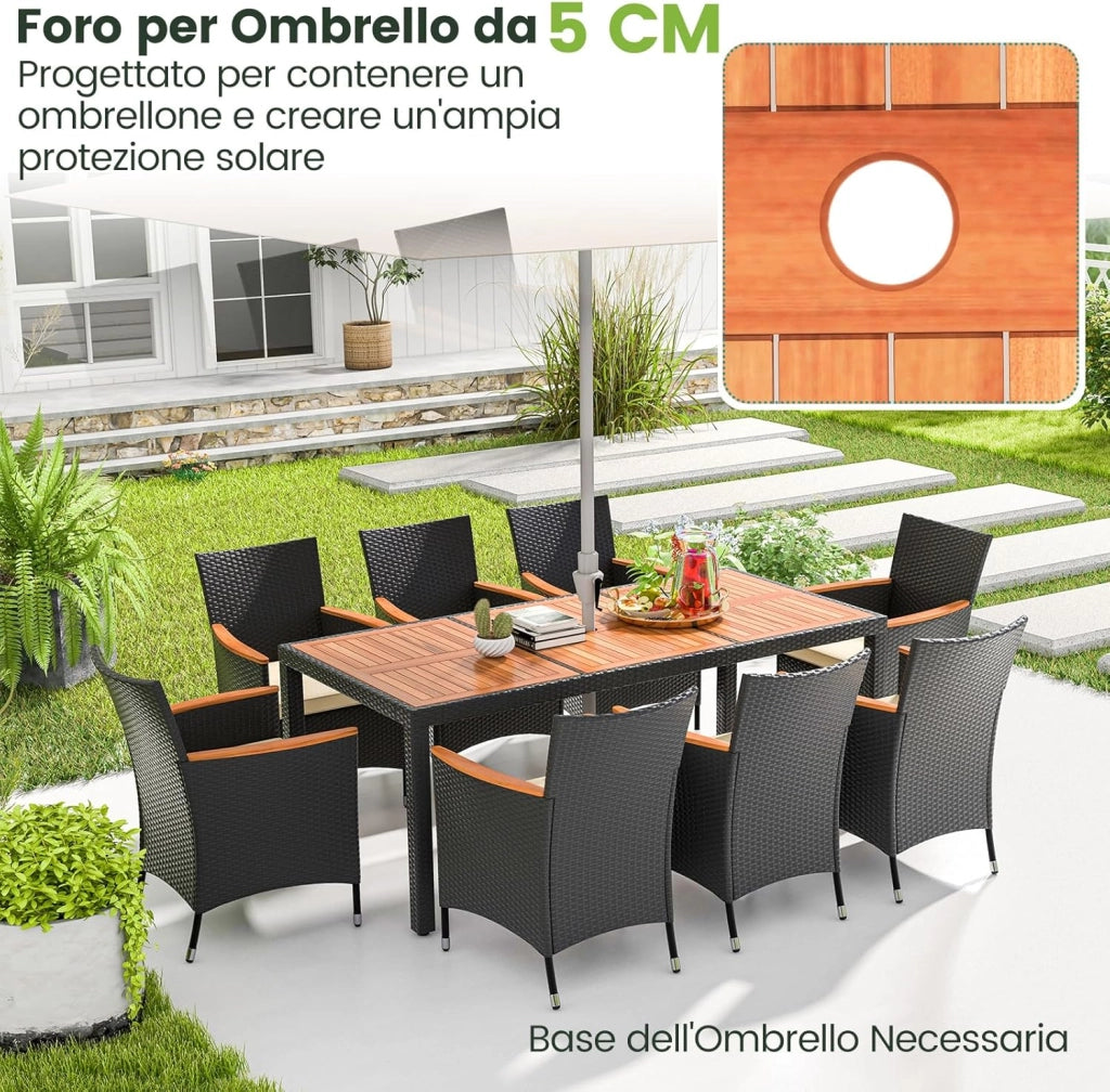 Set da Giardino 9 Pezzi in Rattan PE, Set Pranzo da Giardino con 1 Tavolo e 8 Sedie con Cuscini, Tavolo da Esterno con Piano in Legno di Acacia e Foro per Ombrellone, Naturale