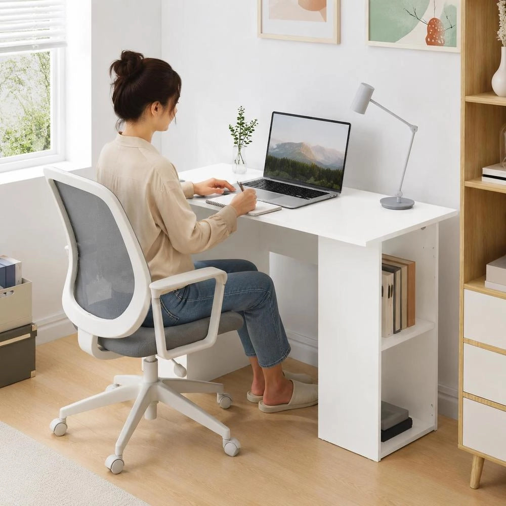 Modern White Computer Desk With Double Storage Shelves, Engineered Wood Writing Table For Home Office Study, 100x55x75 Cm