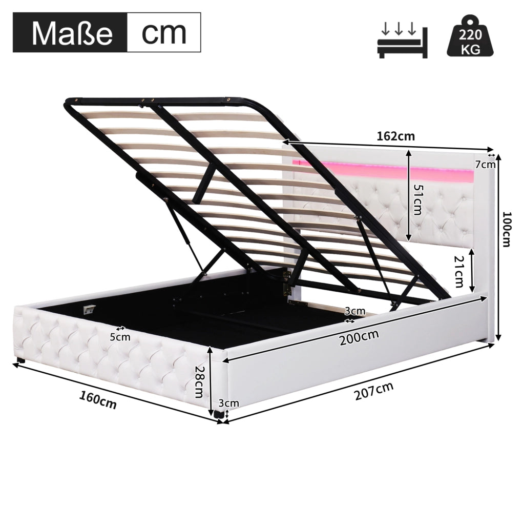 Letto imbottito 160x200 cm con LED e vano contenitore, bianco