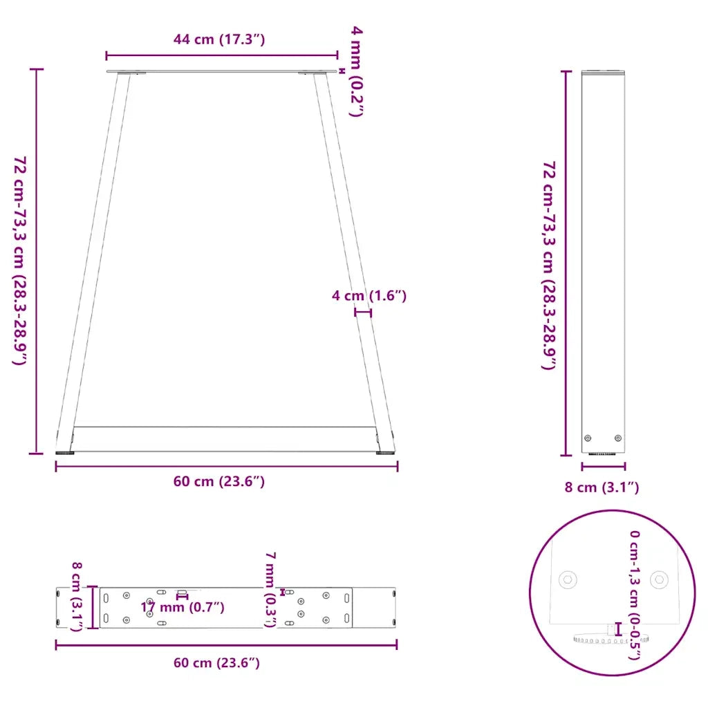 vidaXL Gambe per tavolo da pranzo a forma di V 2 pz nere 60x(72-73,3) cm in acciaio