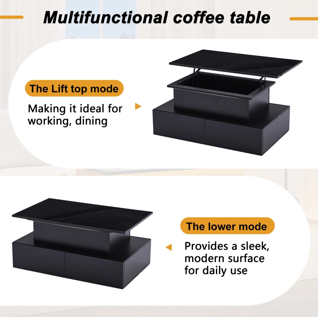 Tavolino da caffè moderno con LED; 4 cassetti e piano estraibile 90 x 55 x 41 cm; nero lucido