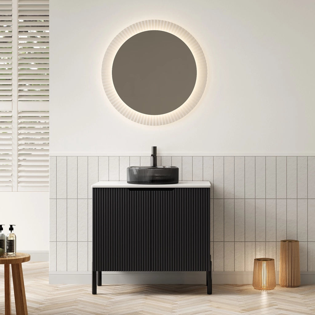 Mobile sottolavabo con lavabo rotondo in vetro nero, piano in pietra sinterizzata, 2 ante, per bagno, 76 × 48 × 87 cm