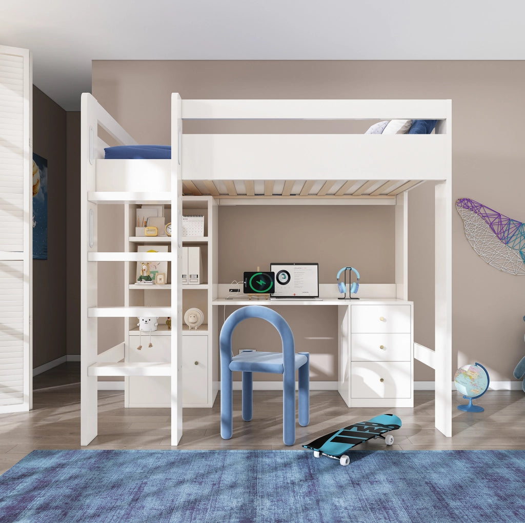 Letto a soppalco ULEVR 90x200 cm con scrivania USB/Type-C, armadio, cassetti e scaffale, bianco