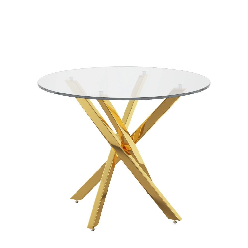 Tavolo da pranzo rotondo in vetro temperato con gambe incrociate cromate oro per soggiorno cucina 80 × 80 × 75 cm