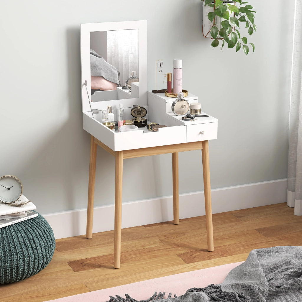 Mobile Toeletta con Specchio a Ribalta e 2 Cassetti Bianco per Camera da Letto e Salotto 60 x 50 x 85,5 cm
