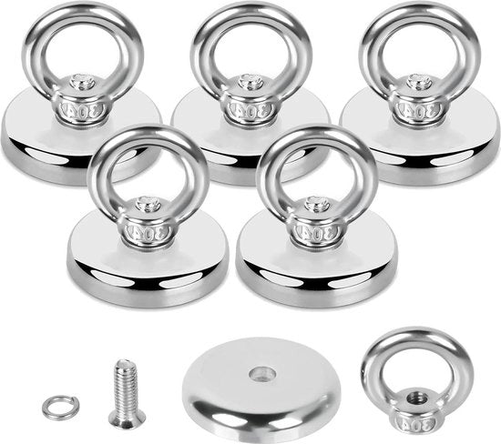 Fishing Magnet - 5 Magneti forti 32mm con 45kg di forza di trazione - Magnetismo neodymium con occhio adatto per pesca in fiume recupero ecc.