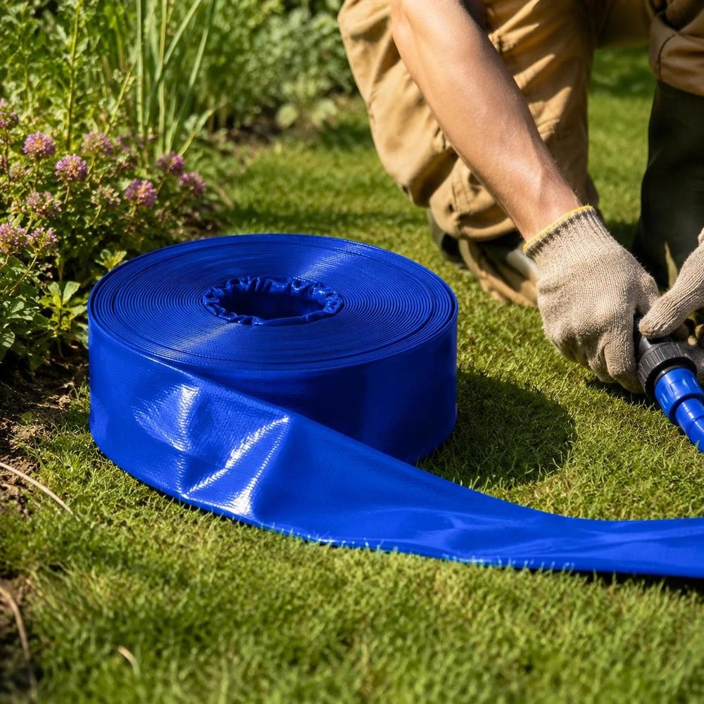 Drain Hose, 5.08 Cm X 32 M, PVC Fabric Flat Hose, Robust Backwash Drain Hose With Clamps, Weatherproof And Burst-proof, Ideal For Swimming Pools And Water Transfer, Blue