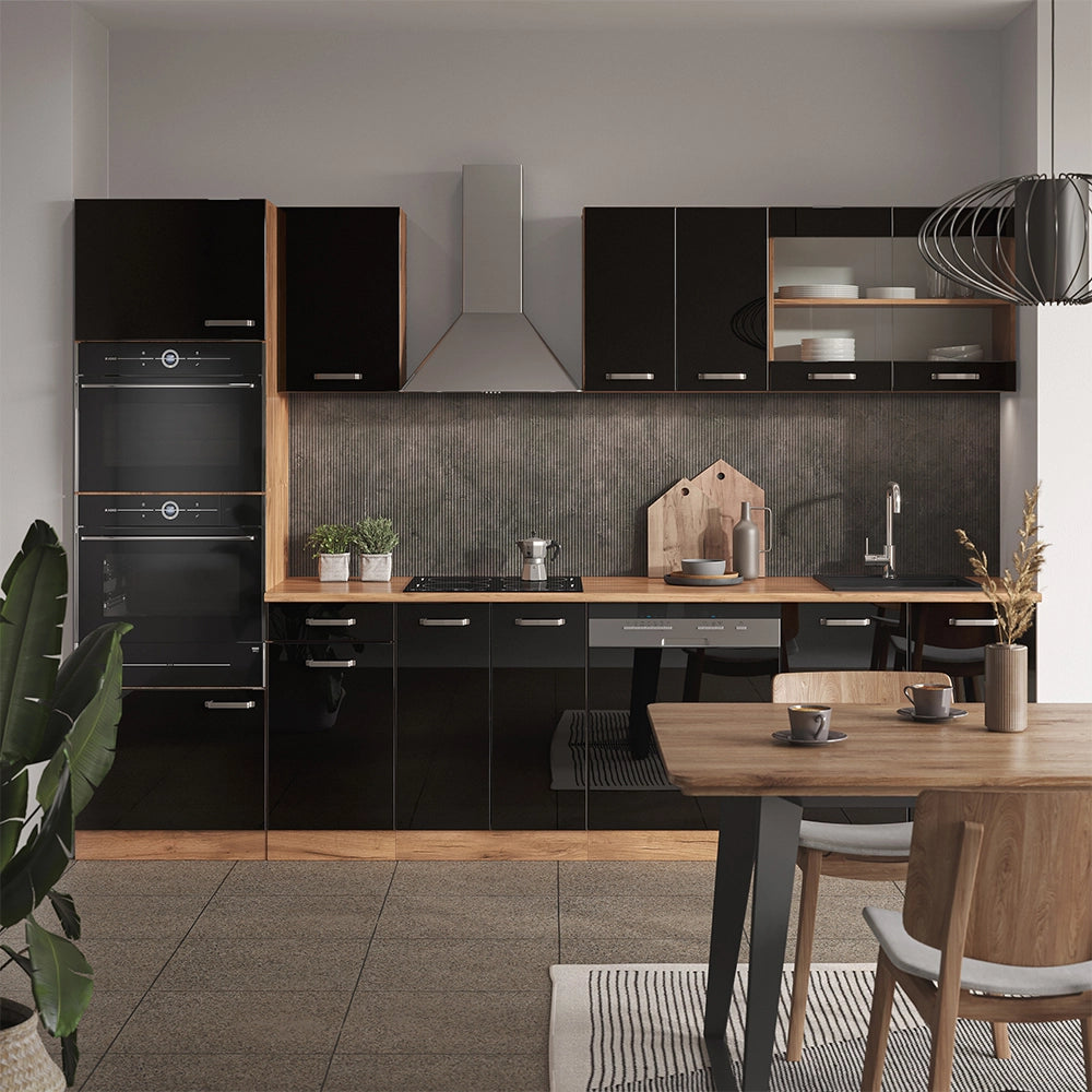 Vicco Cucina componibile Rovere nero/oro lucido 300 cm con armadio alto, PL Marmo