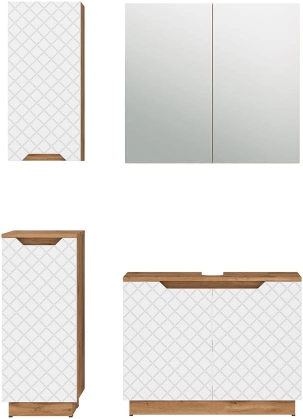 Set di mobili da bagno Lotta, Rovere/bianco con struttura in piastrelle, 4 parti