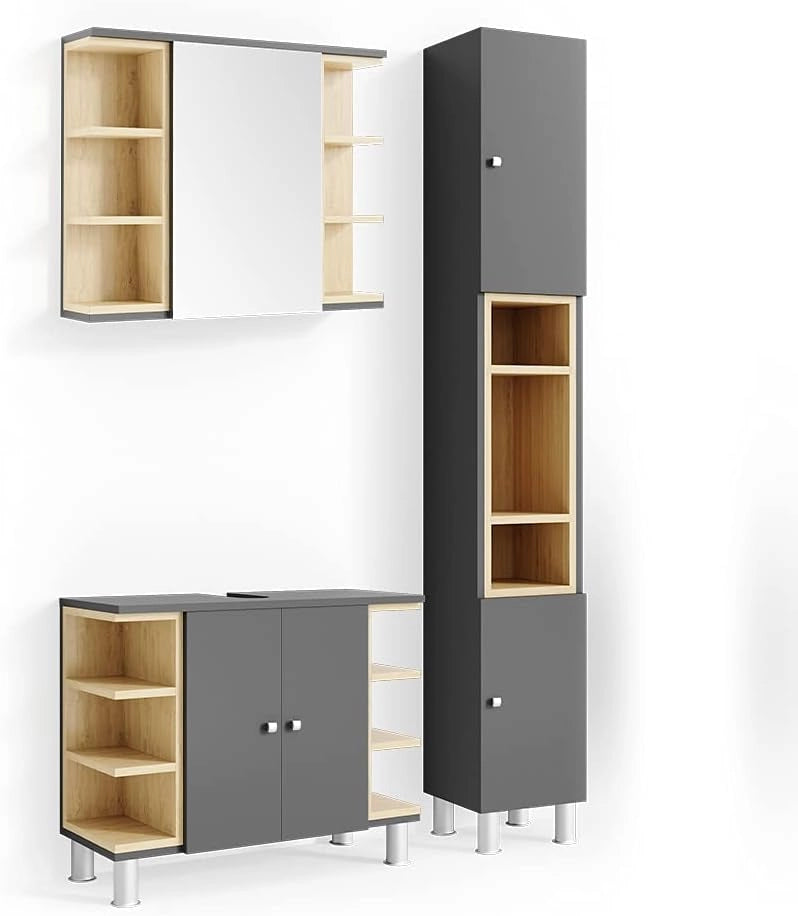 Set mobili bagno Aquis, Antracite, 79.6 cm, composto da mobile sottolavabo, specchiera e colonna alta