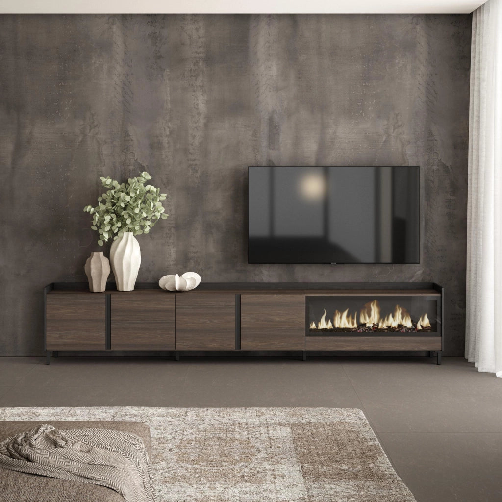 Mobile TV Soggiorno, 315x61x35 cm, Per TV fino a 80", Camino elettrico XXL, Design industriale, Rovere scuro e Nero
