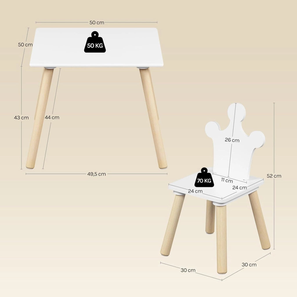 Set Tavolino Bambini e 2 Sedie con Schienale a Forma di Corona, Scrivania Cameretta per Asilo, in MDF + Legno, Bianco + Rovere Chiaro