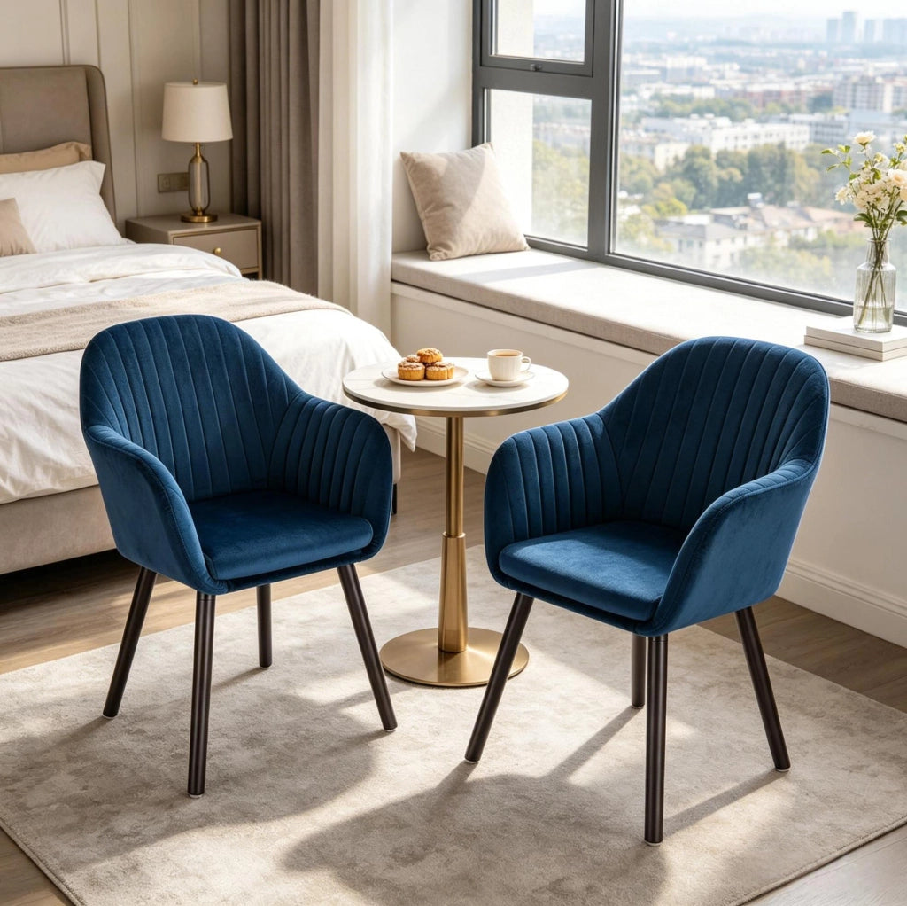 Sedia da pranzo in velluto blu 42x50x81 cm, set da 2, con braccioli