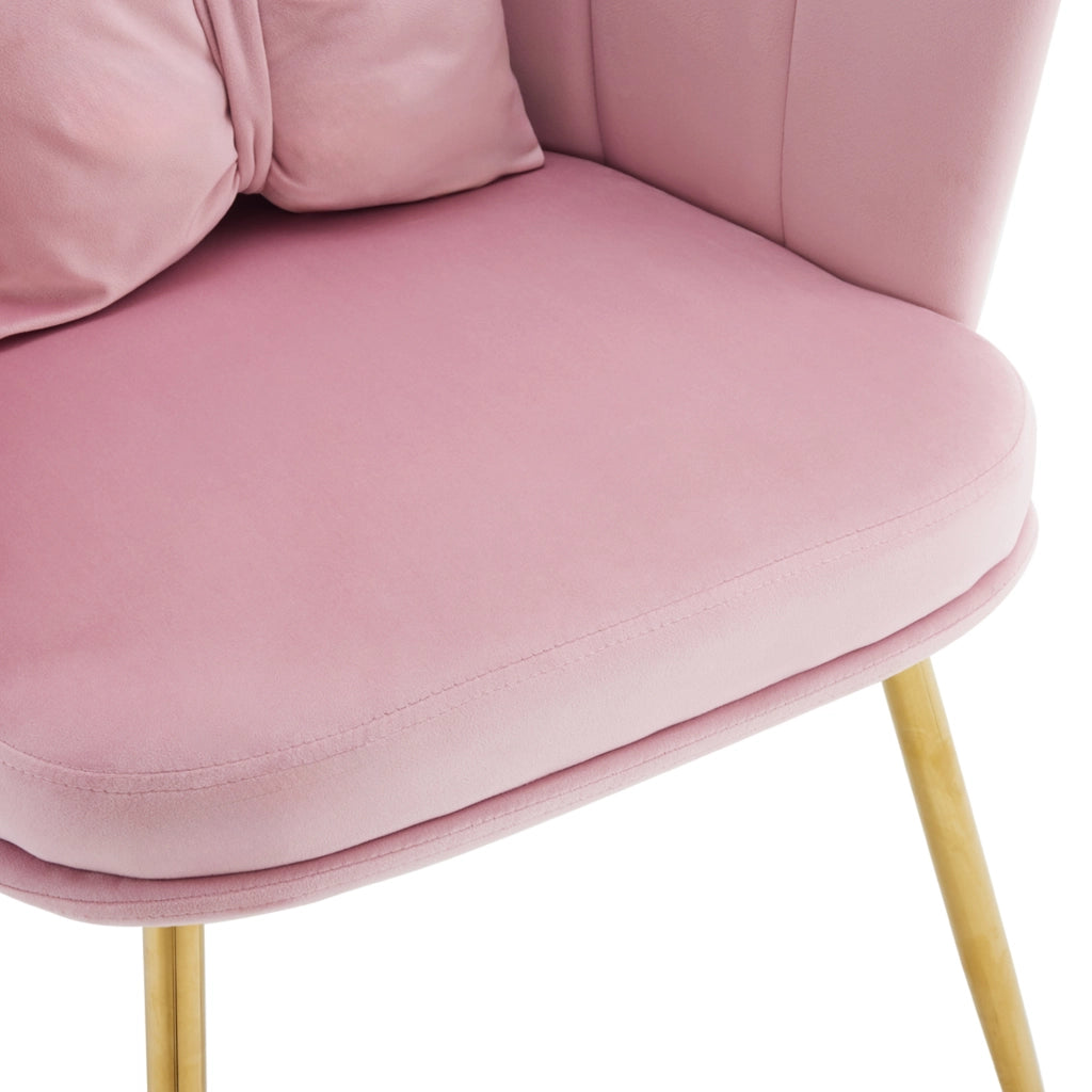 Poltrona da soggiorno in velluto rosa con schienale a petalo; cuscino e gambe in metallo 62x54x43 cm