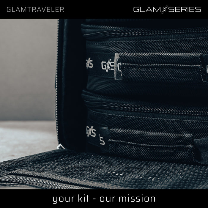 GlamSeries GlamTraveler Borsa porta trucchi con 3 astucci, trousse con fibbia per fissaggio a valigie, pochette da lavoro ideale per truccatori e parrucchieri