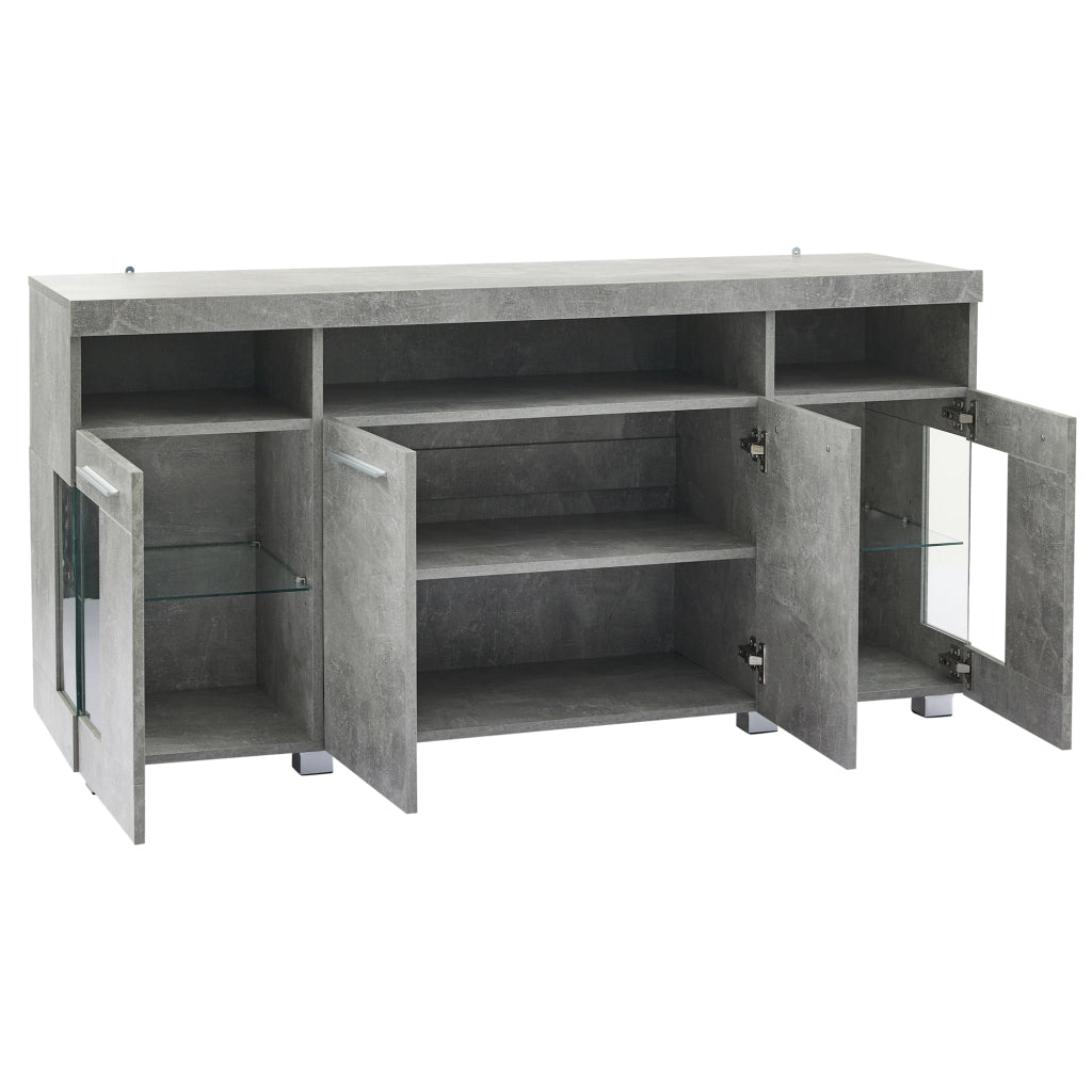 Credenza e madia con LED e ante in vetro temperato, 3 vani contenitore, per soggiorno, in MDF, grigio cemento 140 × 40 × 70 cm