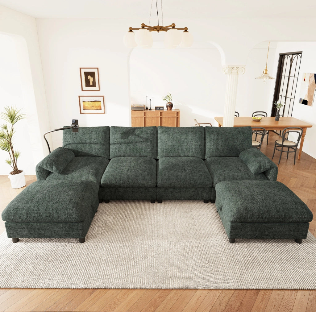 Divano modulare 6 posti configurabile a L/U in ciniglia verde con 2 pouf contenitore USB e Type-C