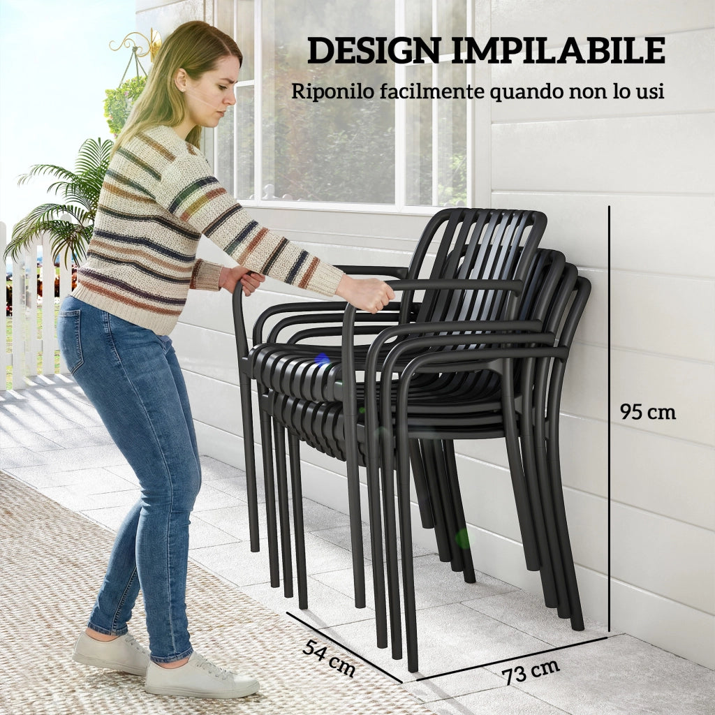 Set di 4 Sedie da Patio Impilabili. Sedie da Pranzo per Esterni con Schienale Curvo. Seduta con Listelli e Braccioli