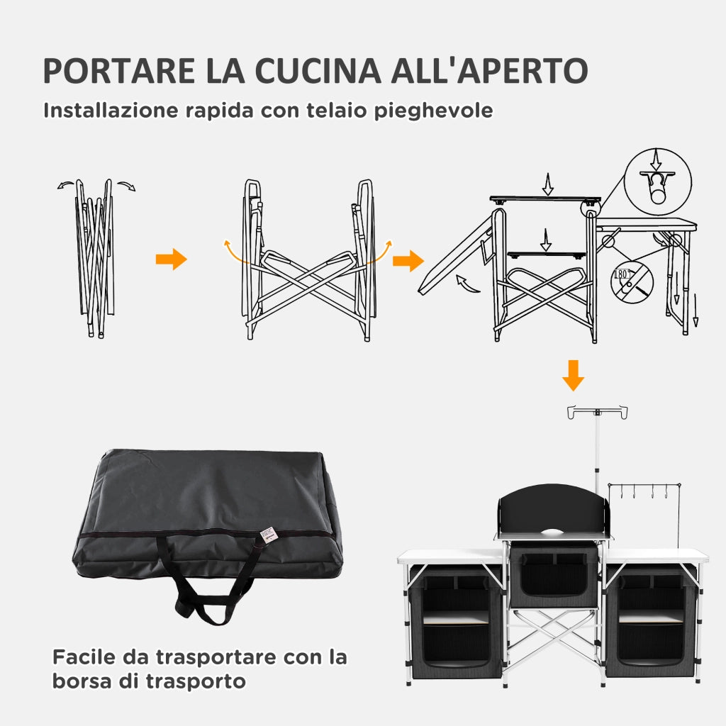 Cucina da Campeggio Pieghevole 172x48x119 cm con Ripiani e Ganci Nero