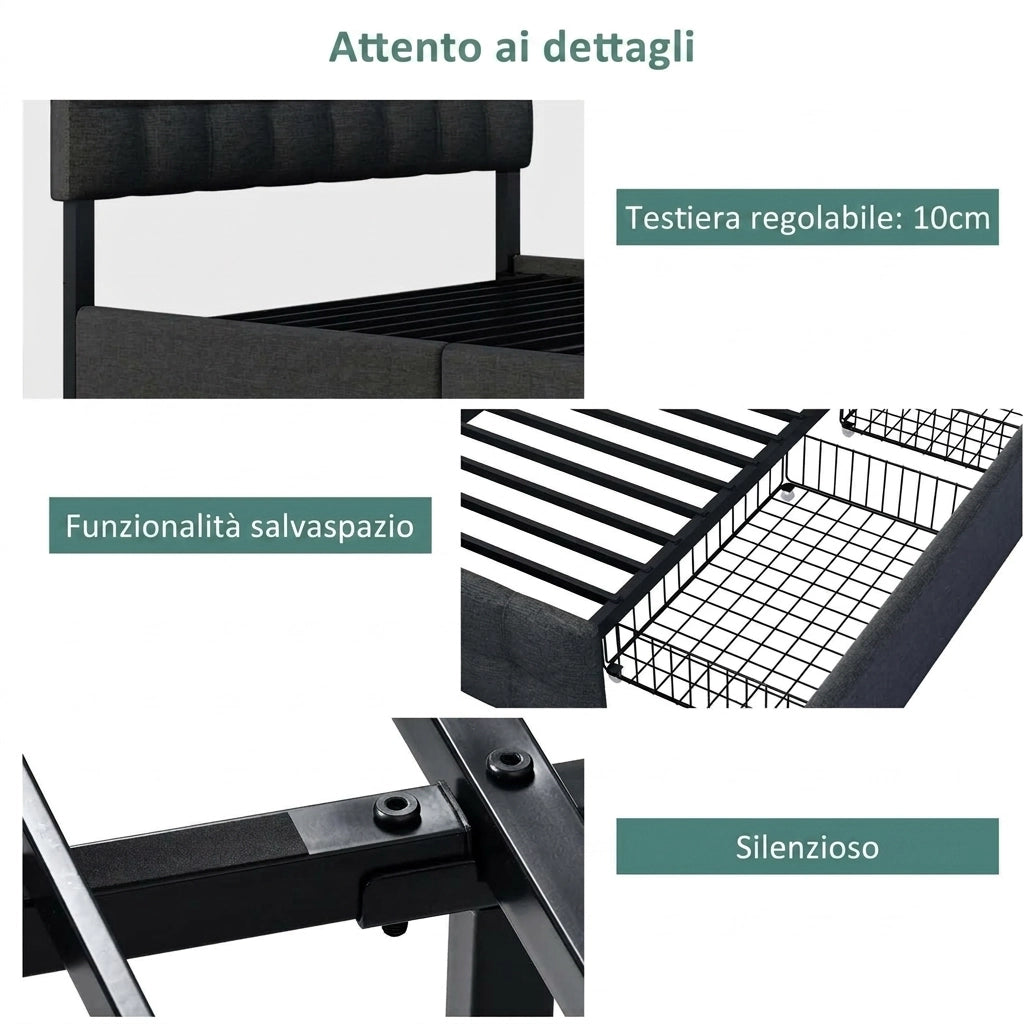 Letto imbottito 140x200 nero con 4 cassetti; testiera regolabile e rete a doghe; in lino